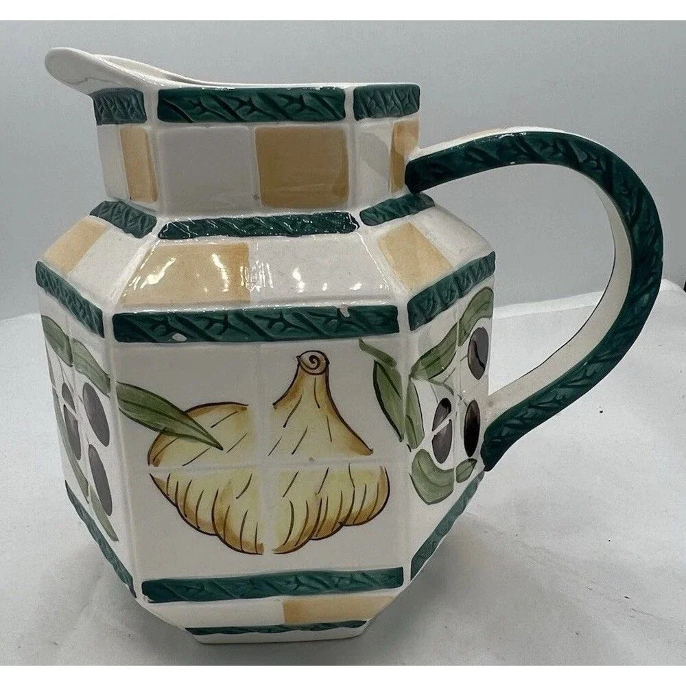 Vintage Clay Art San Francisco Olive Garlic Ceramic Pitcher Hexagon AS IS Rare